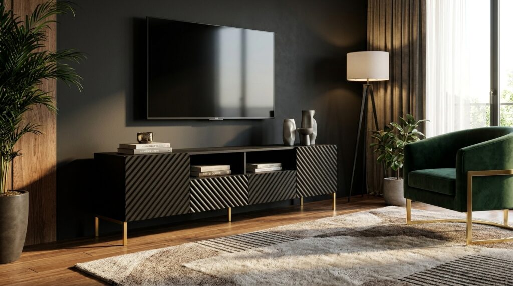 szafka rtv surf 200 cm 2d2s czarny mat zlota rama generated