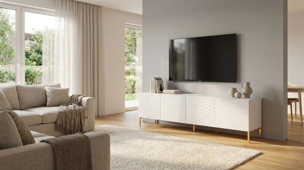 szafka rtv surf 200 cm 4d bialy mat zlota rama generated