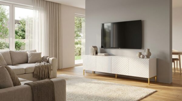 szafka rtv surf 200 cm 4d bialy mat zlota rama generated