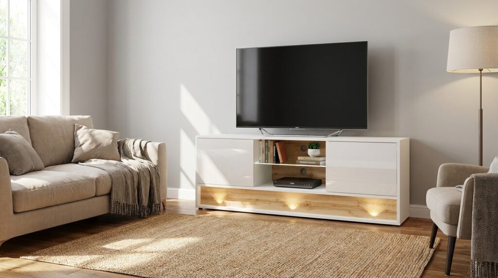 szafka rtv visionary 140 cm bialy polysk dab wotan z oswietleniem led generated