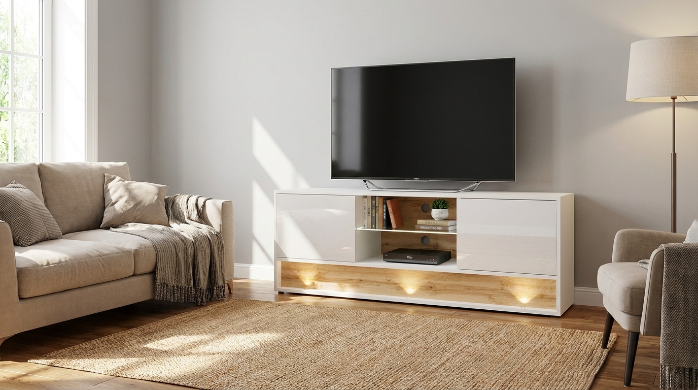 szafka rtv visionary 140 cm bialy polysk dab wotan z oswietleniem led generated
