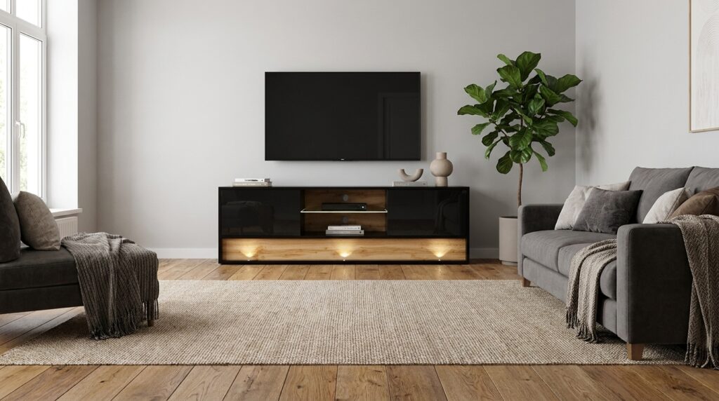 szafka rtv visionary 140 cm czarny polysk dab wotan z oswietleniem led generated