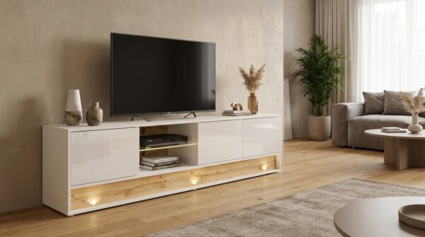 szafka rtv visionary 180 cm bialy polysk dab wotan generated