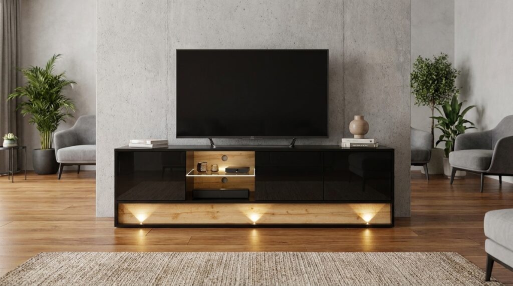 szafka rtv visionary 180 cm czarny polysk dab wotan z oswietleniem led generated