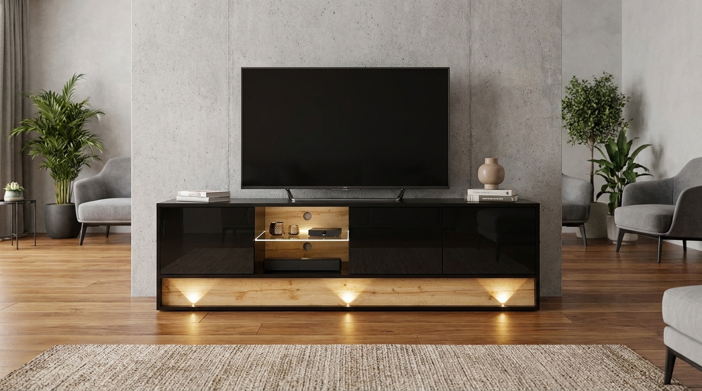 szafka rtv visionary 180 cm czarny polysk dab wotan z oswietleniem led generated