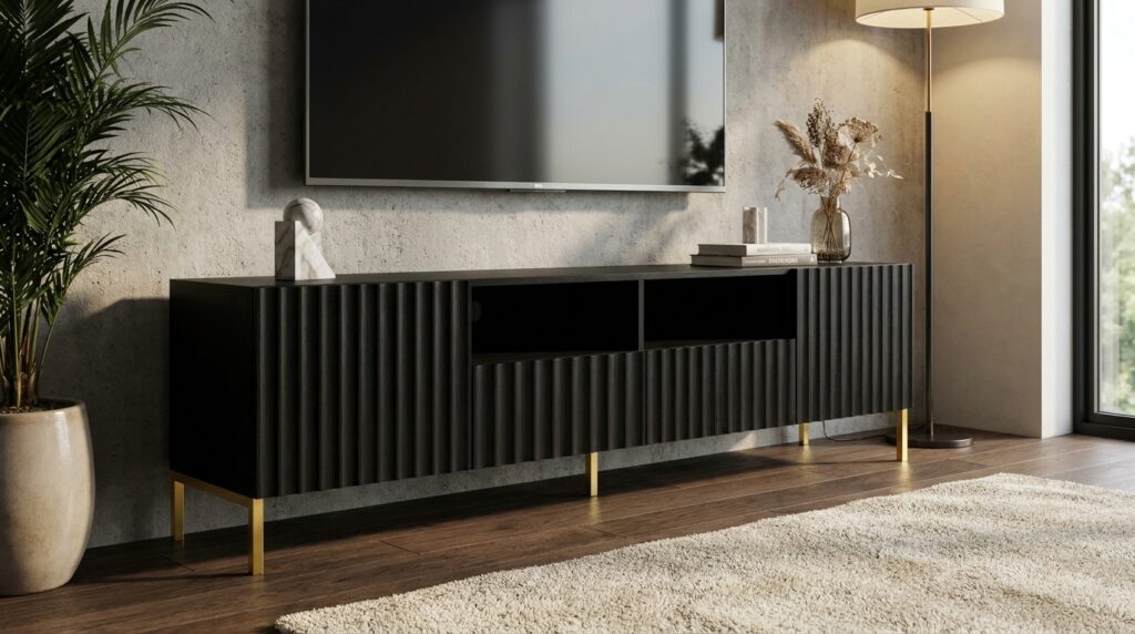 szafka rtv wave 200 cm 2d2s czarny mat zlota rama generated
