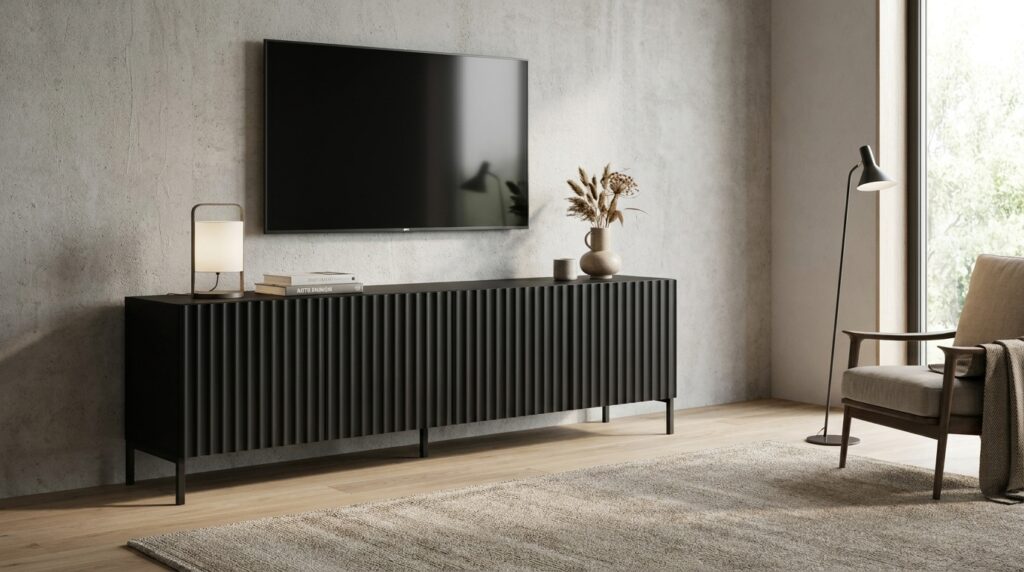 szafka rtv wave 200 cm 4d czarny mat czarna rama