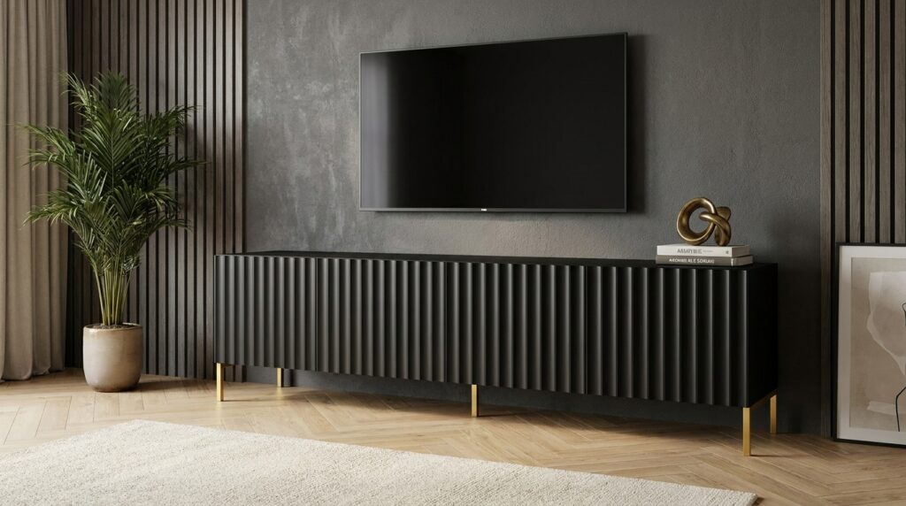 szafka rtv wave 200 cm 4d czarny mat zlota rama generated