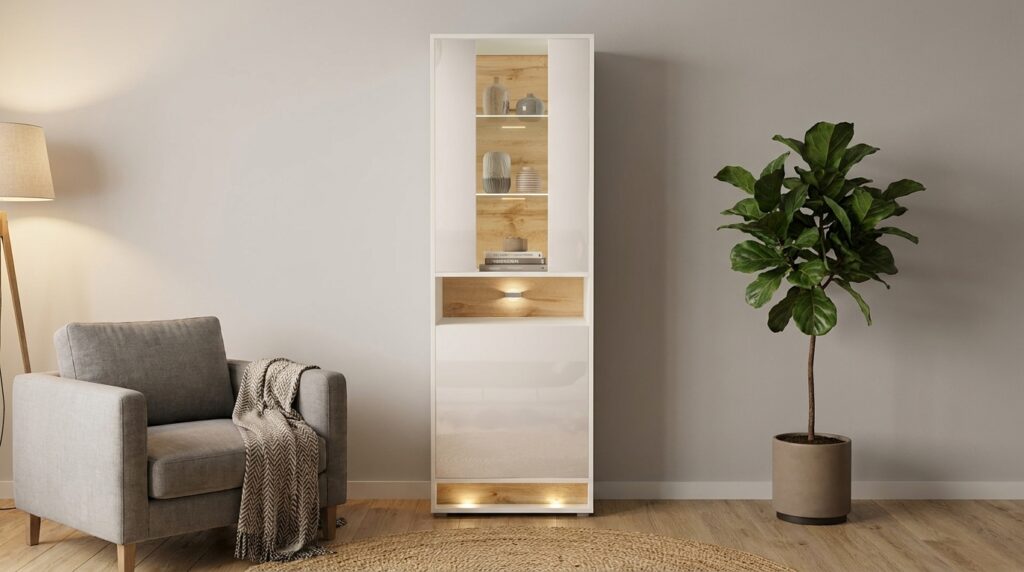 witryna visionary 60 cm bialy polysk dab wotan z oswietleniem led generated