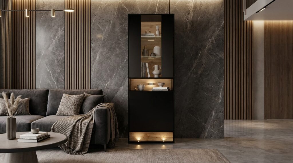 witryna visionary 60 cm czarny polysk dab wotan z oswietleniem led