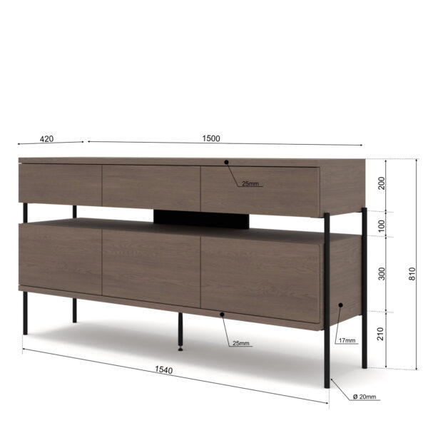 Komoda PUFFIN 154 cm 3D3S chłodny brąz lakierowany fornir