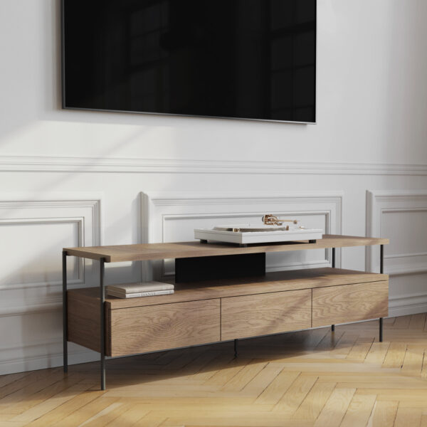 Szafka RTV PUFFIN 154 cm 3S chłodny brąz lakierowany fornir