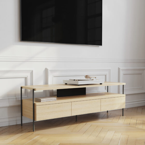 Szafka RTV PUFFIN 154 cm 3S dąb naturalny lakierowany fornir