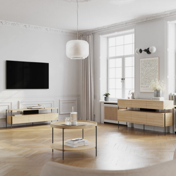 Szafka RTV PUFFIN 154 cm 3S dąb naturalny lakierowany fornir