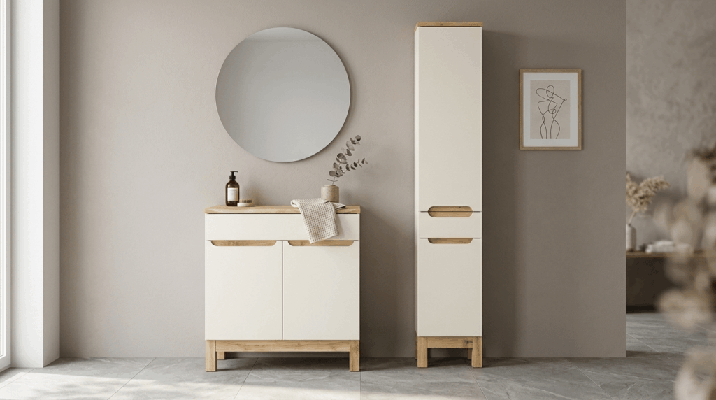 Zestaw mebli łazienkowych BALI Kaszmir 80cm – szafka z blatem dąb wotan, słupek 2D1S
