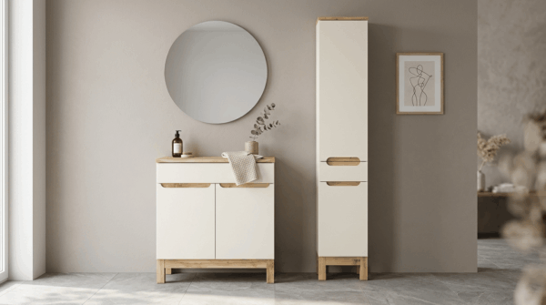 Zestaw mebli łazienkowych BALI Kaszmir 80cm – szafka z blatem dąb wotan, słupek 2D1S