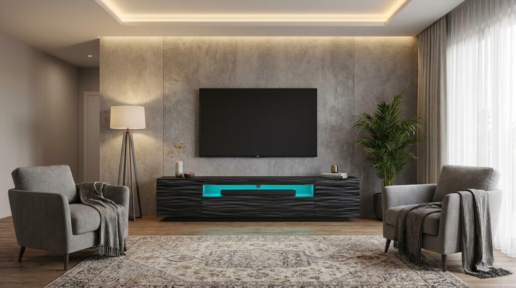 szafka rtv aura 200 cm czarny mat czarny polysk i satyna z led generated