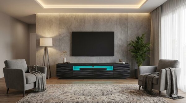 szafka rtv aura 200 cm czarny mat czarny polysk i satyna z led generated