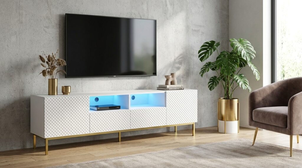 szafka rtv ravenna 200 cm bialy mat bialy polysk zlota rama generated