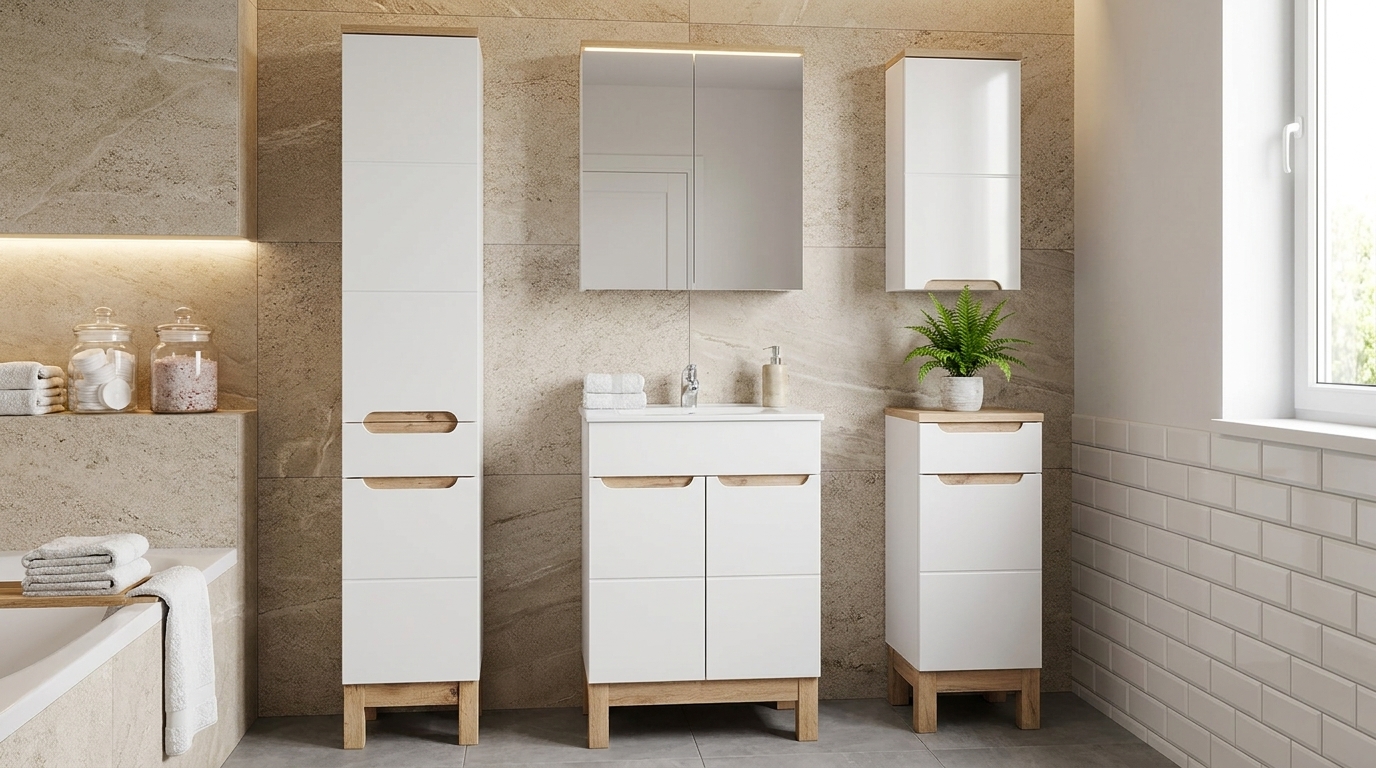 zestaw mebli lazienkowych bali white 60cm szafka z umywalka slupek 2ds1 szafka gorna dolna i szafka z lustrem