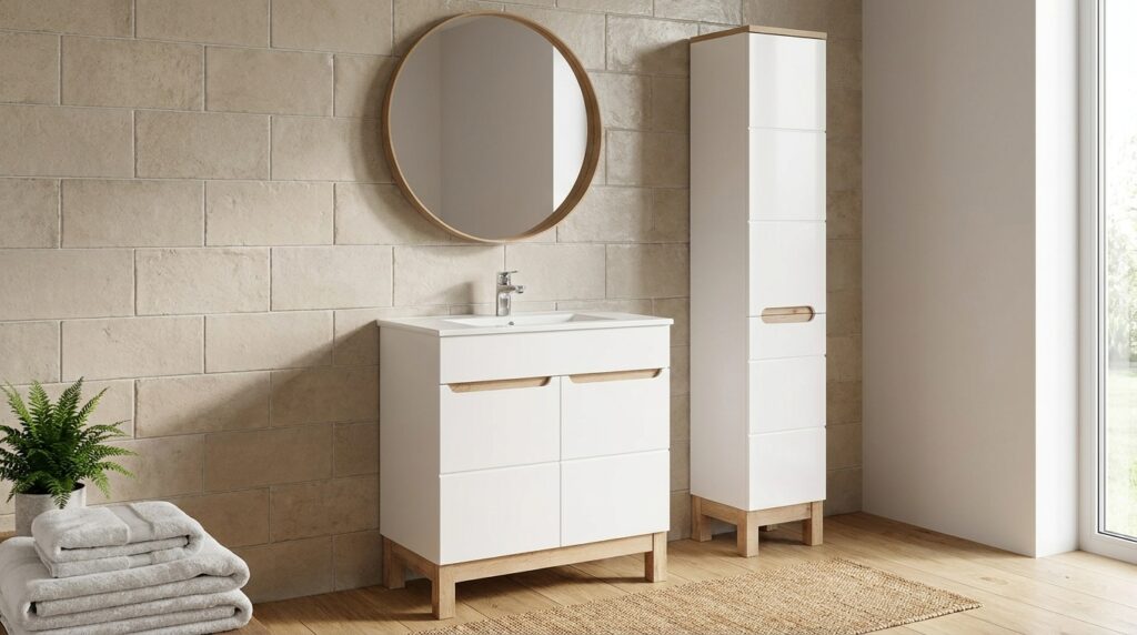zestaw mebli lazienkowych bali white szafka 80cm z umywalka i slupek 2d generated
