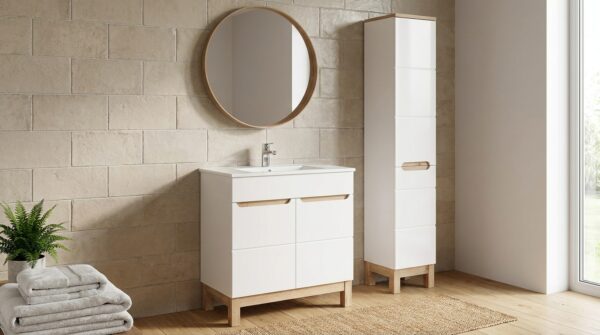 zestaw mebli lazienkowych bali white szafka 80cm z umywalka i slupek 2d generated