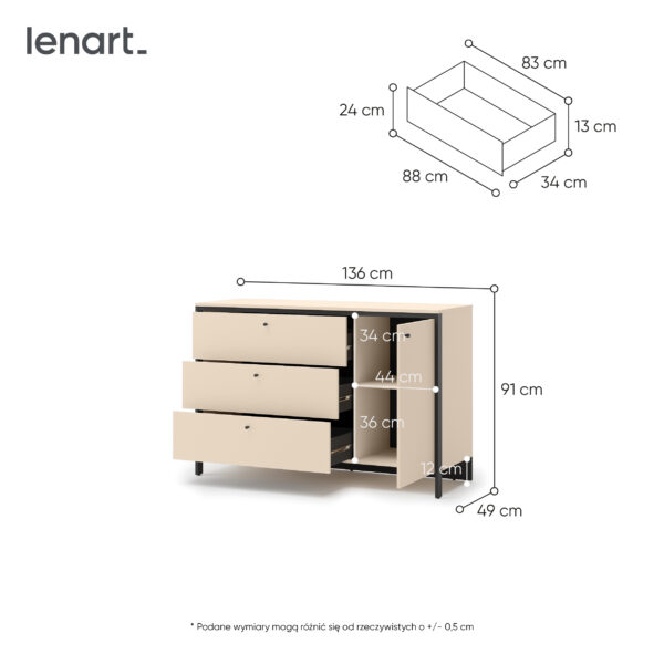 Komoda ENNA EN-04 136 cm 1D3S beż piaskowy czarny z LED