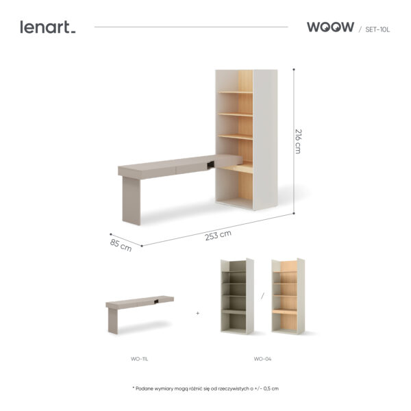 Biurko młodzieżowe z regałem WOOW SET-10L 253 cm z biurkiem lewym i regałem eukaliptus