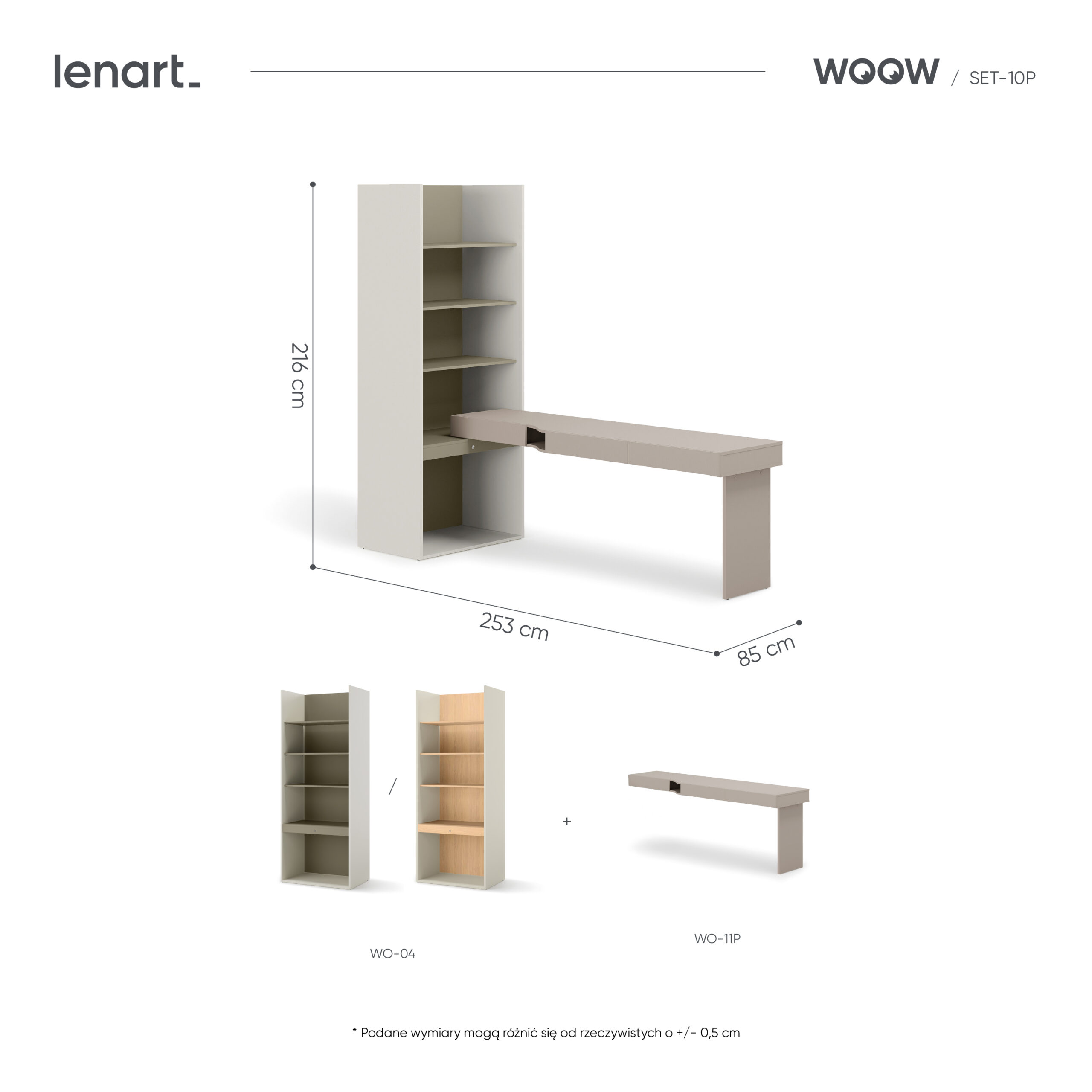Biurko młodzieżowe z regałem WOOW SET-10P 253 cm eukaliptus