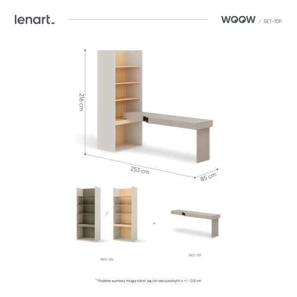 Biurko młodzieżowe z regałem WOOW SET-10P 253 cm dąb Vincenza bielony