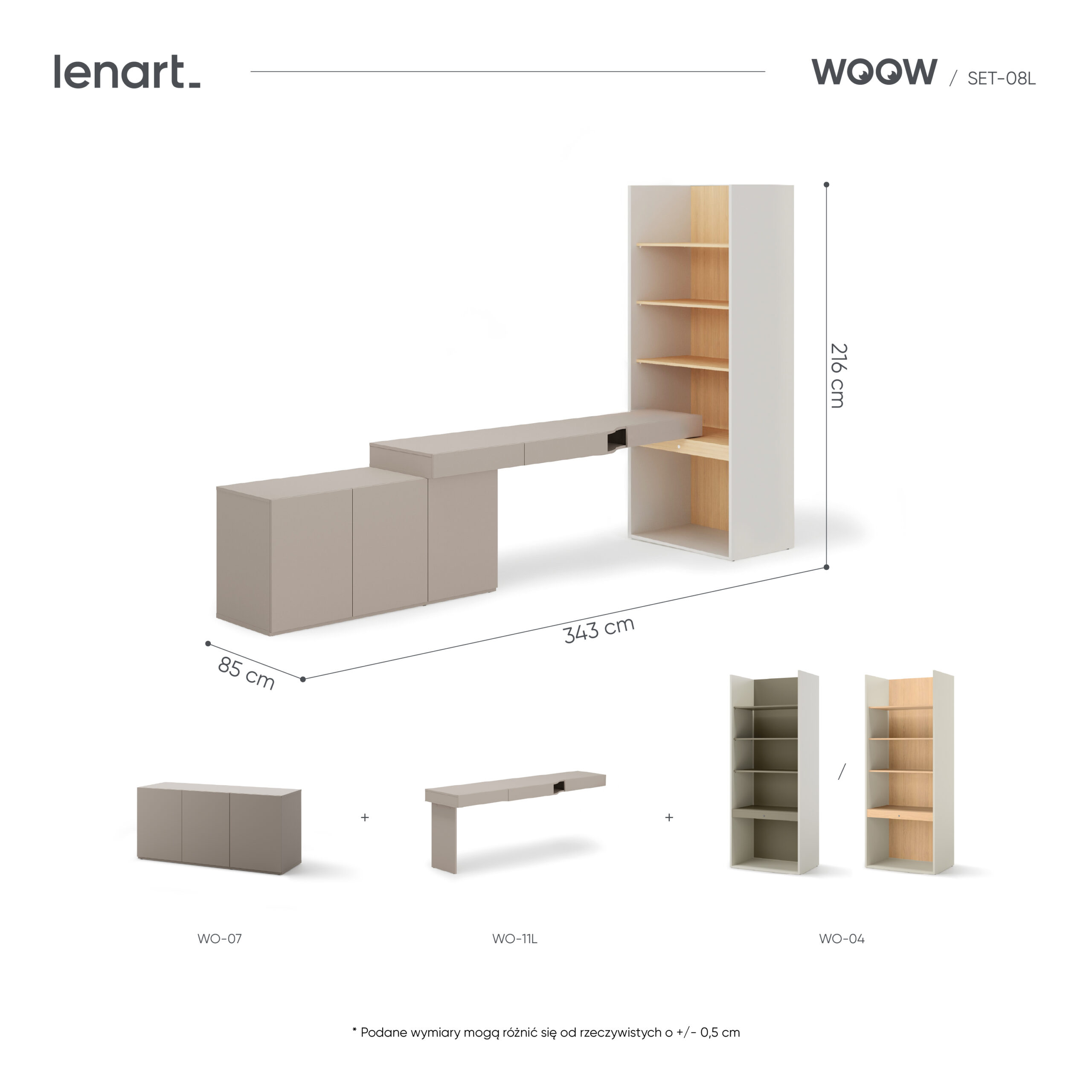 Zestaw mebli młodzieżowych WOOW SET-08L 343 cm dąb Vincenza bielony