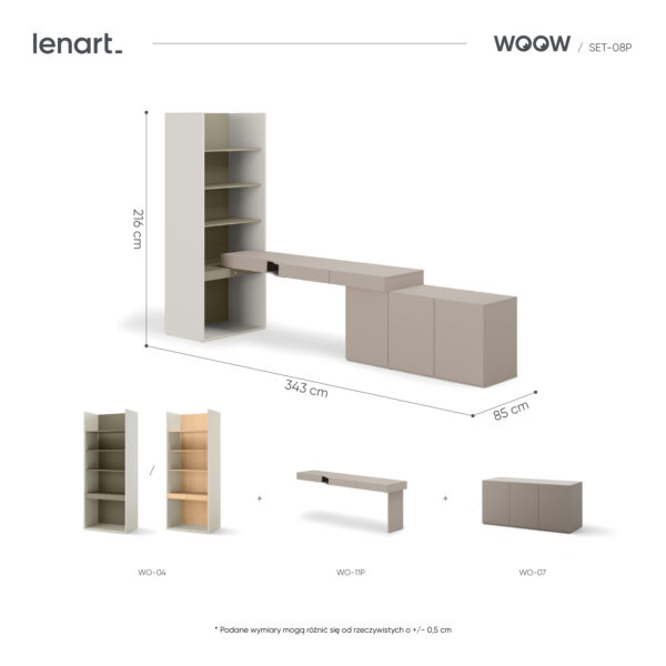 Zestaw mebli młodzieżowych WOOW SET-08P 343 cm eukaliptus z biurkiem i regałem