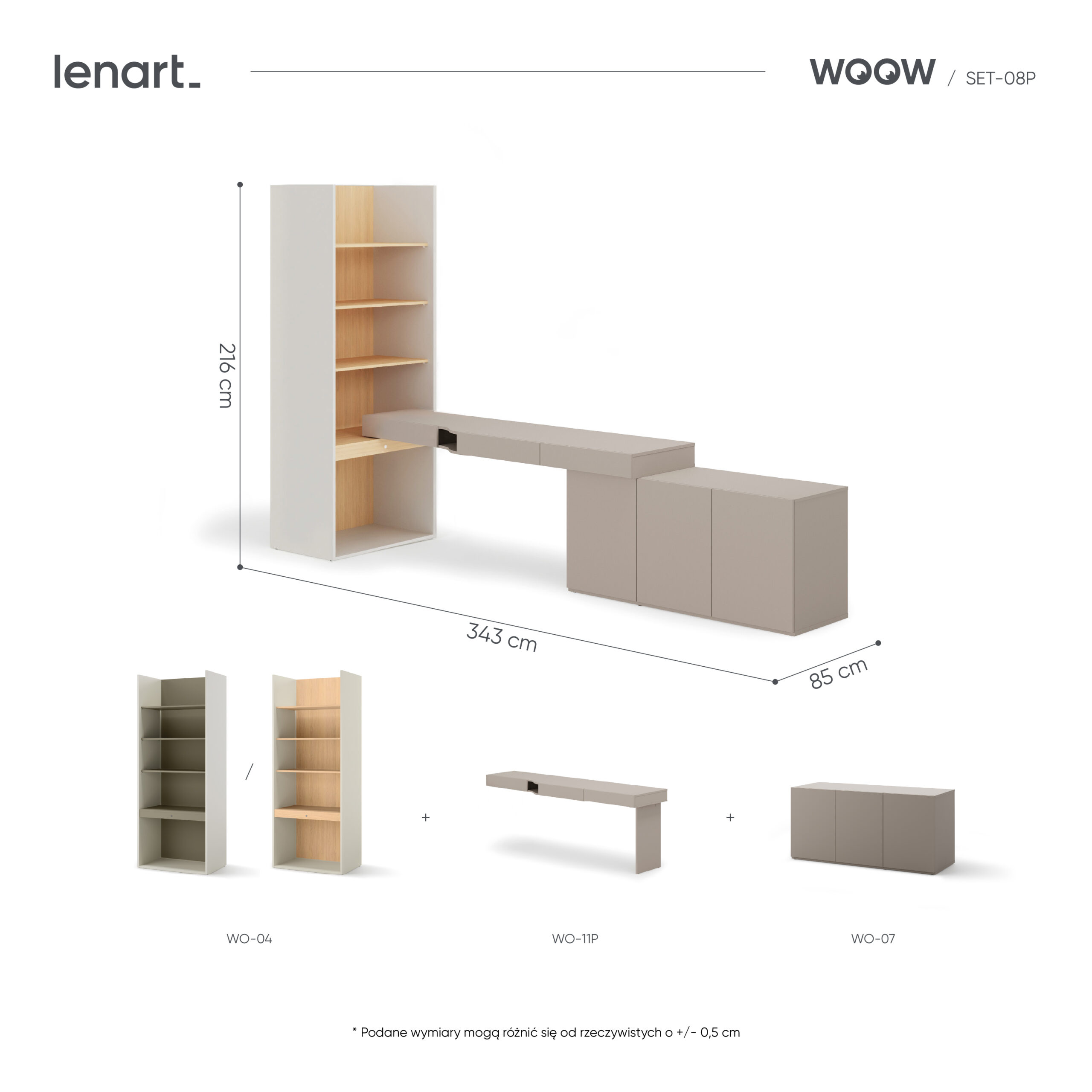 Zestaw mebli młodzieżowych WOOW SET-08P 343 cm dąb Vincenza bielony