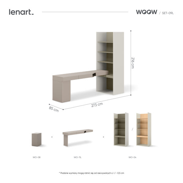 WOOW SET-09L – biurko, kontenerek i szeroki regał do małego pokoju WOOW SET-09L to funkcjonalny zestaw do pokoju młodzieżowego, który łączy biurko w układzie lewym, kontenerek oraz szeroki regał. Taka konfiguracja zapewnia miejsce do nauki, pracy przy komputerze i przechowywania książek oraz codziennych akcesoriów. Zestaw posiada 1 drzwi, 3 szuflady oraz półki. Szuflady wyposażono w prowadnice kulkowe, natomiast podchwyt pozwala zachować prostą linię frontów bez klasycznych uchwytów. Kolorystyka łączy odcień szampański, eukaliptus oraz Clay Grey. Całość ma 273 cm szerokości, 216 cm wysokości i 85 cm głębokości.