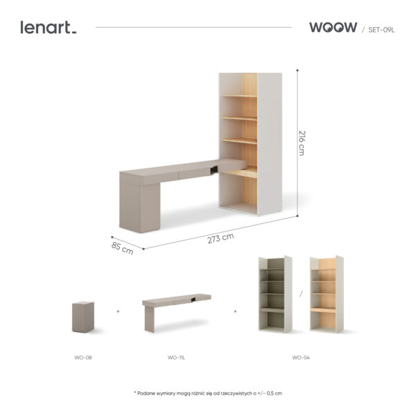 Zestaw mebli młodzieżowych WOOW SET-09L 273 cm dąb Vincenza bielony