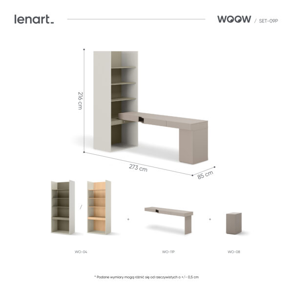 Zestaw mebli młodzieżowych WOOW SET-09P 273 cm eukaliptus z biurkiem i regałem
