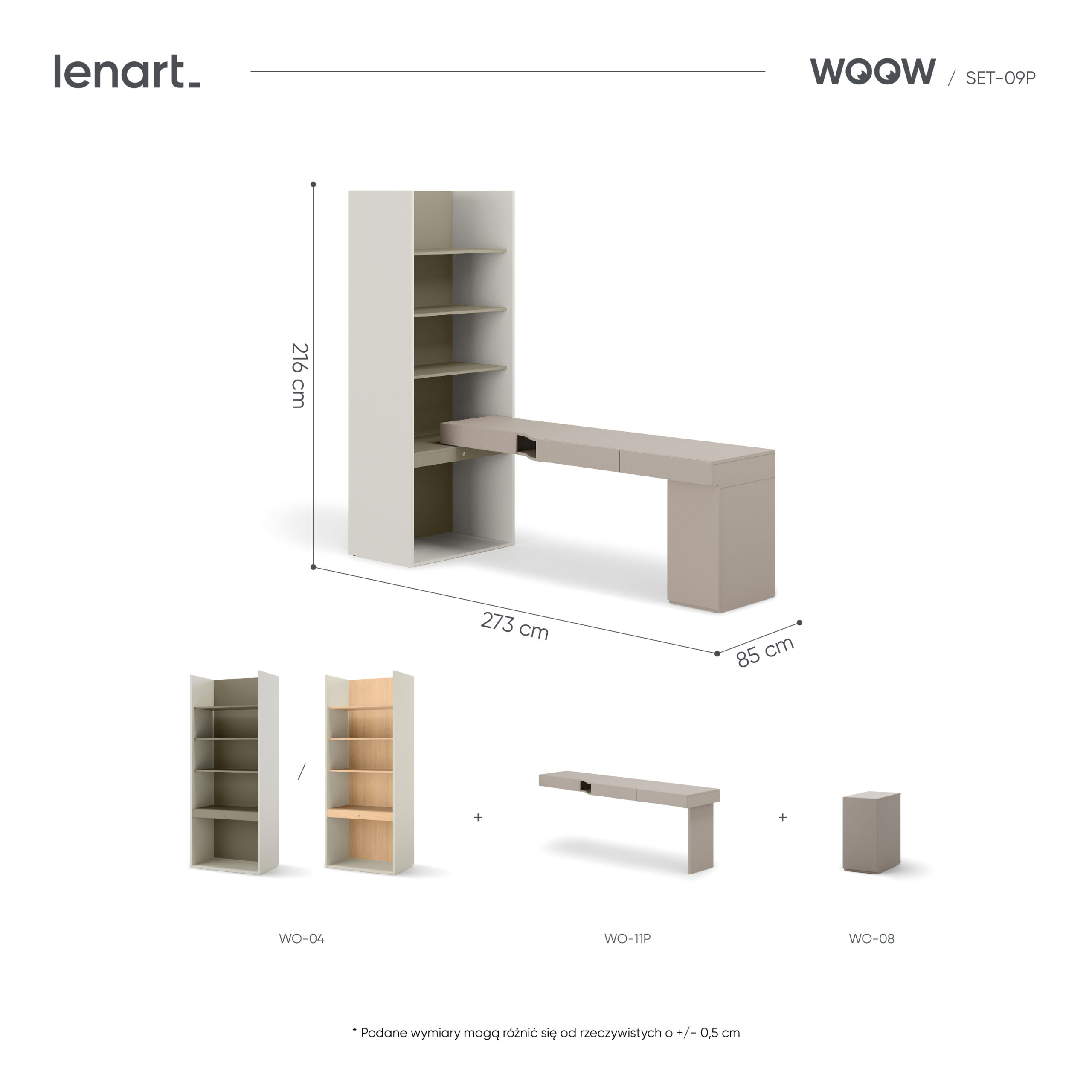 Zestaw mebli młodzieżowych WOOW SET-09P 273 cm eukaliptus z biurkiem i regałem
