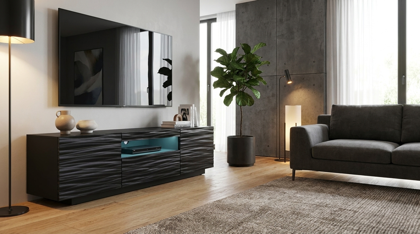 szafka rtv aura 150 cm czarny mat czarny polysk i satyna z led
